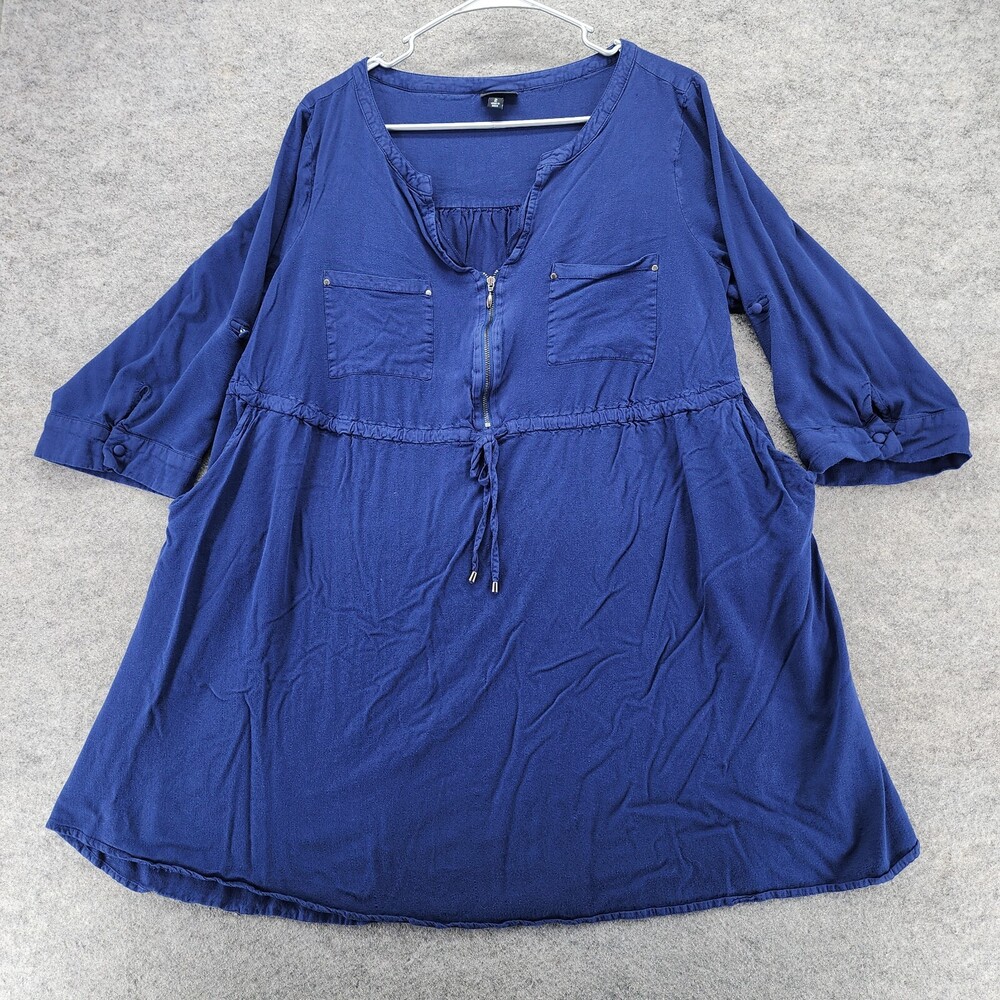 Torrid Dress Womens 2X V Neck Roll Tab Sleeve Blue Pockets